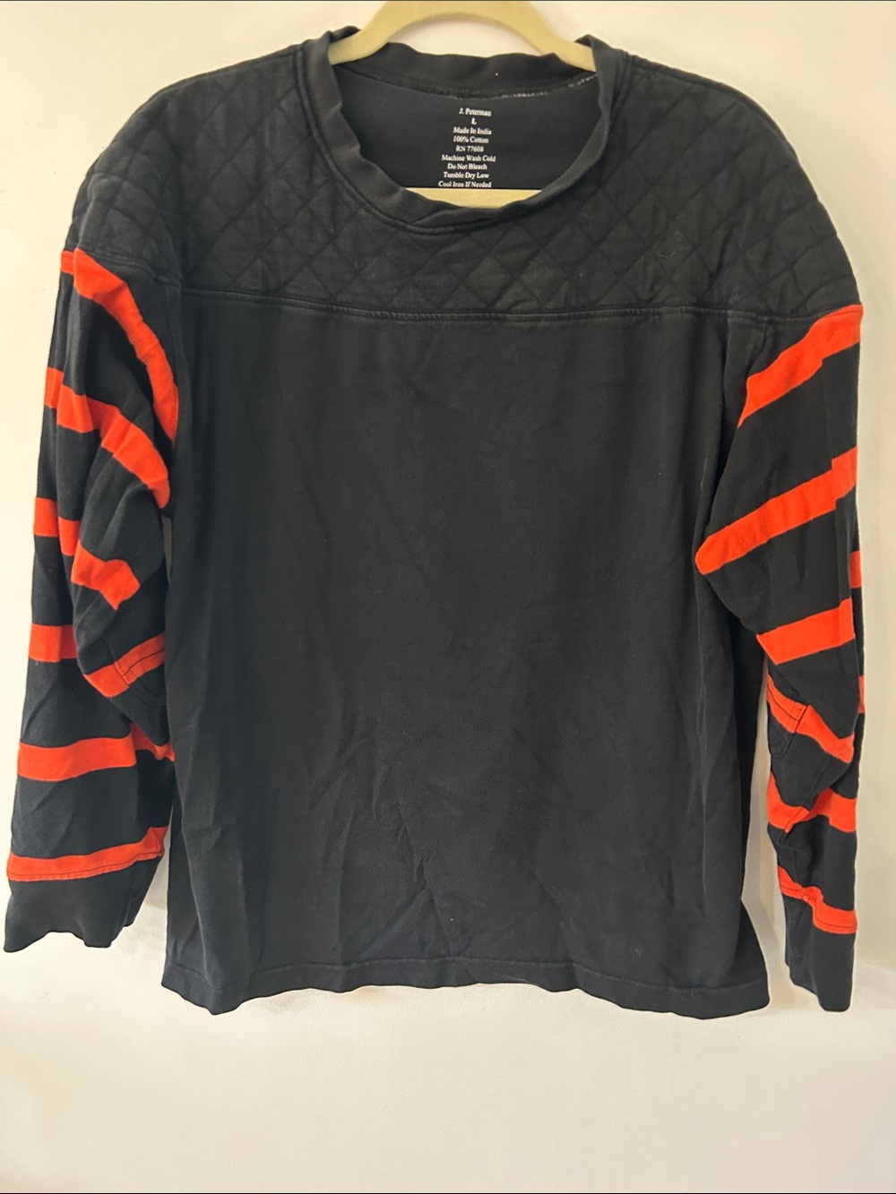 Vintage J. Peterman Men's Rugby Style Shirt Black/Orange Quilted Yoke Football